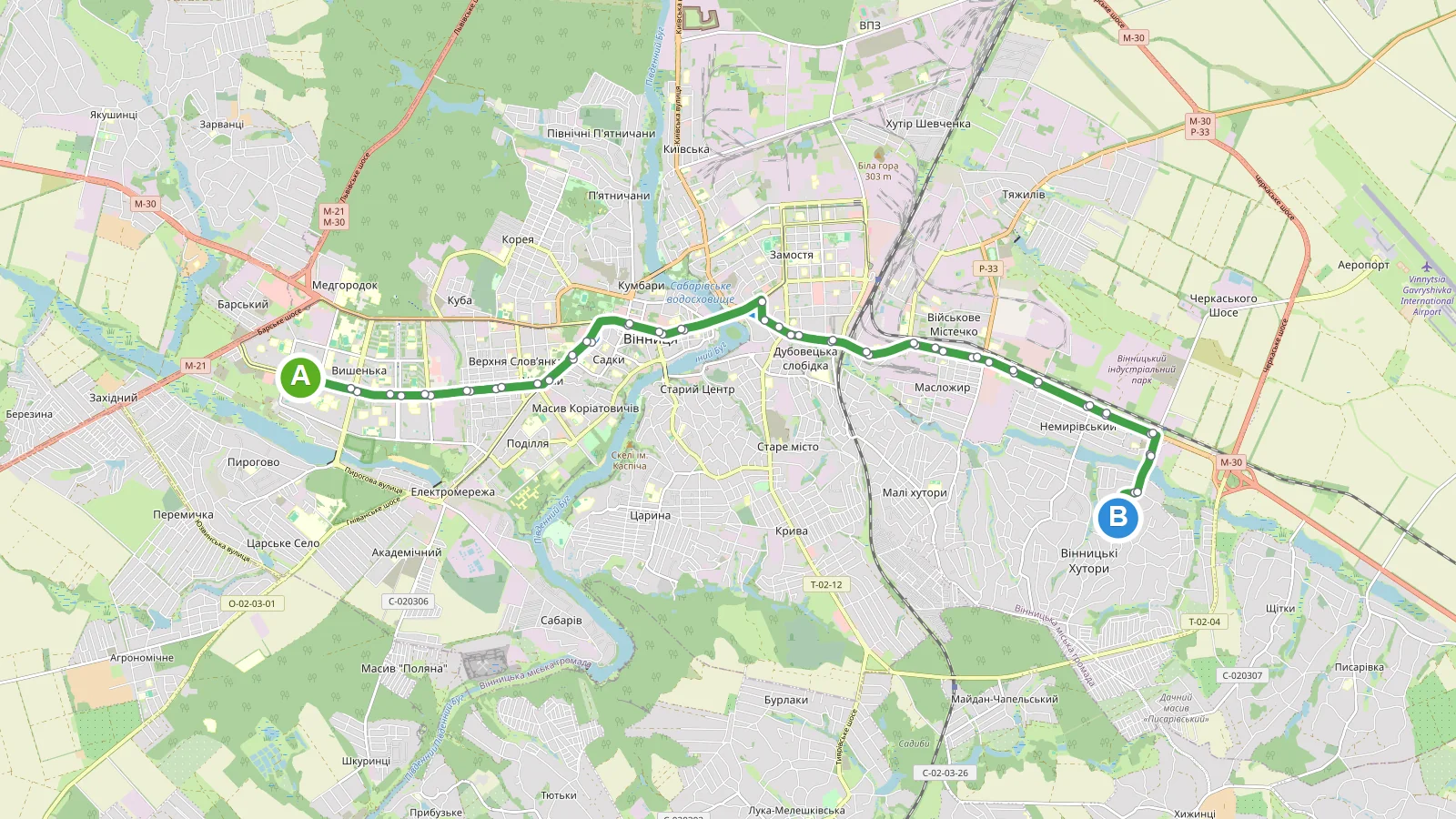 Схема маршруту Автобус 19 Вінниця у Вінниці