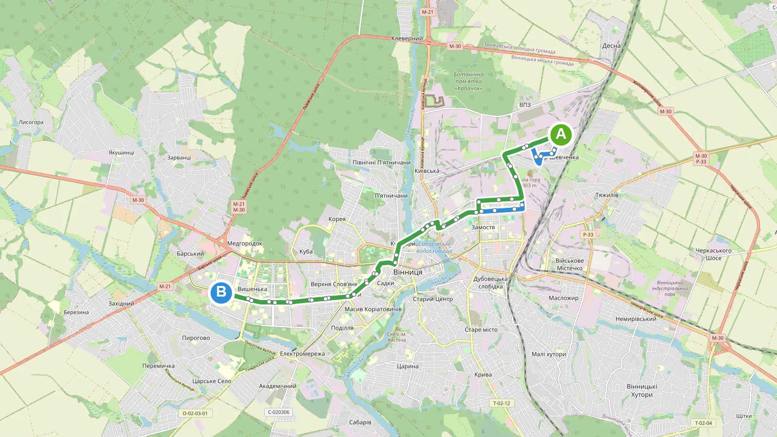 Схема маршруту Тролейбус 20 Вінниця у Вінниці